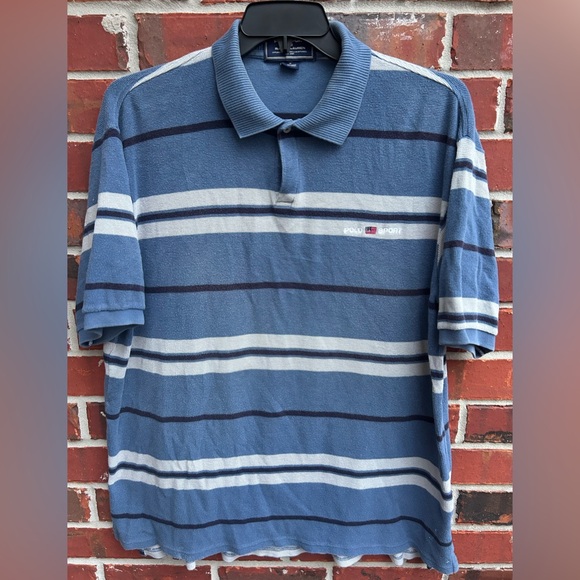Vintage Ralph Lauren Polo Sport Blue White Striped Waffle Knit L Polo Shirt - Picture 1 of 4